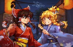  1other 4girls alternate_costume anazel animal_ears bird_ears blue_hair blue_kimono bow braid brown_eyes cirno closed_eyes commentary english_commentary fireworks food frilled_hair_tubes frills green_hat grin hair_bow hair_tubes hakurei_reimu hat hat_ornament highres holding holding_food holding_kinchaku japanese_clothes kawashiro_nitori kimono kinchaku kirisame_marisa lantern medium_hair multiple_girls musical_note_hat_ornament mystia_lorelei newsboy_cap night paper_lantern pink_hair pouch red_kimono sidelocks single_braid smile star_(sky) takoyaki torii touhou touhoufest tree yellow_eyes yin_yang_pin 