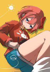  1girl blue_eyes blush bow breasts cookie doki_doki_literature_club food food_in_mouth hair_bow highres kevindude12739 long_sleeves looking_at_viewer red_bow sayori_(doki_doki_literature_club) short_hair solo sun yellow_background 