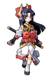  1girl black_kimono blue_hair bow closed_mouth earrings fuyou_(shinrabanshou) hair_bow harakawa_mitsuhiro high_ponytail horns japanese_clothes jewelry kimono light_smile long_hair multicolored_kimono obi obi_bow official_art orange_horns orange_kimono parted_bangs pointy_ears ponytail red_bow sash sheath shinrabanshou shoes solo third-party_source transparent_background violet_eyes white_kimono wide_ponytail 