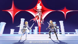  1boy 2girls aether_(genshin_impact) ahoge asmoday_(genshin_impact) blonde_hair blue_sky boots braid chinese_commentary colored_skin crop_top day dress faceless faceless_female floating floating_hair flower flying from_behind genshin_impact hair_between_eyes hair_floating_upwards hair_flower hair_ornament highres holding holding_sword holding_weapon lumine_(genshin_impact) multicolored_skin multiple_girls outdoors pants pillar reaching scarf shade shaded_face siblings single_braid sky standing star_(symbol) suit sword twins two-tone_skin watermark weapon weibo_username weibo_watermark white_dress white_hair white_scarf xiniu_kuangben_bawanli 