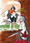  black_hair hat inubashiri_momiji reon_(pixiv) reon_(saikyou) shameimaru_aya shield sword touhou weapon white_hair wings 