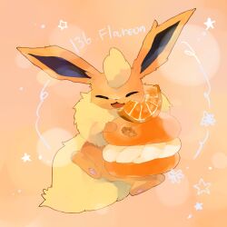  absurdres character_name closed_eyes fishburi flareon food fruit highres macaron no_humans open_mouth orange_(fruit) orange_background orange_fur orange_slice pokemon pokemon_(creature) solo star_(symbol) 