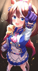  1girl animal_ears arm_up ascot asymmetrical_gloves blue_eyes blue_gloves blush breasts brown_hair buttons cape clenched_hand commentary_request double-breasted epaulettes gloves guram hair_between_eyes highres horse_ears horse_girl horse_tail index_finger_raised jacket long_hair long_sleeves looking_at_viewer mismatched_gloves multicolored_hair multicolored_jacket open_mouth pink_ascot ponytail red_cape single_epaulette single_hair_streak skirt small_breasts smile solo streaked_hair tail teeth tokai_teio_(peak_joy)_(umamusume) tokai_teio_(umamusume) two-tone_hair two-tone_jacket two-tone_skirt umamusume upper_teeth_only white_gloves white_hair white_jacket white_skirt white_streaks 