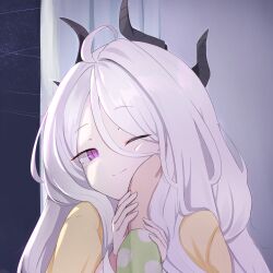  1girl absurdres ahoge blue_archive commentary_request demon_girl demon_horns highres hina_(blue_archive) hina_(pajamas)_(blue_archive) horns indoors jacket long_hair looking_at_viewer night pajamas pink_pajamas polka_dot polka_dot_pajamas sensei_(blue_archive) suzubell2 upper_body very_long_hair violet_eyes white_hair yellow_jacket 
