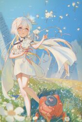  1girl absurdres black_choker blue_eyes blue_sky blurry blurry_background blush building choker commentary day depth_of_field dress english_commentary falling_flower falling_petals field film_grain floating_hair flower flower_field flowingcrescent foot_out_of_frame grass hair_between_eyes hair_ornament highres holding holding_flower long_hair open_mouth outdoors petals philia_(tsui_no_stella) robot ruins short_dress sideless_dress sidelocks sky solo standing standing_on_one_leg tsui_no_stella very_long_hair white_dress white_flower white_hair 
