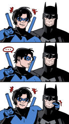  2boys batman batman_(series) batman_symbol black_bodysuit blue_bodysuit bob_novbob bodysuit commentary_request dc_comics domino_mask eye_mask father_and_child father_and_son grey_bodysuit highres korean_commentary male_focus mask meme multicolored_bodysuit multiple_boys nightwing parent_and_child serious smile superhero_costume taut_bodysuit 