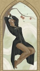  1girl absurdres apple arms_up art_nouveau barefoot black_robe border braid breasts cassock closed_eyes dark-skinned_female dark_skin english_commentary enrico_pucci food fruit genderswap genderswap_(mtf) highres jewelry jojo_no_kimyou_na_bouken long_hair long_sleeves medium_breasts ornate_border robe snake solo stone_ocean sun6blight tree white_hair white_snake 