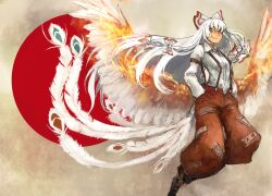 1girl bird_tail bird_wings black_boots boots bow breasts chinese_zodiac collared_shirt commentary_request feathered_wings fiery_wings fujiwara_no_mokou grin hair_bow hands_in_pockets haruaki_(onkai_planaria) long_hair looking_at_viewer ofuda ofuda_on_clothes pants red_eyes red_pants shirt small_breasts smile solo suspenders tail touhou very_long_hair white_bow white_hair white_shirt white_wings wings year_of_the_rooster 