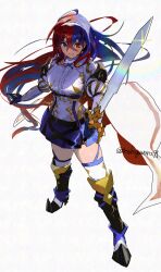  1girl armor armored_boots artist_name blue_eyes blue_hair blue_shorts boots breasts clawed_boots commentary_request crossed_bangs female_alear_(fire_emblem) fire_emblem fire_emblem_engage from_above full_body hair_between_eyes heterochromia holding holding_sword holding_weapon knee_boots knee_guards large_breasts liberation_(fire_emblem) long_bangs long_hair looking_at_viewer multicolored_hair pointy_boots red_eyes red_hair shorts simple_background skindentation solo split-color_hair sword teshio_(user_fgyd2233) thigh-highs thigh_strap thighs tiara two-tone_hair very_long_hair weapon white_background 