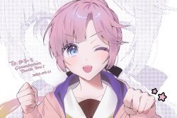  1girl ;d anyoji_hime brown_dress clenched_hands commentary commission commissioner_name dated dress hair_ribbon hasu_no_sora_school_uniform highres hood hooded_jacket incoming_fist_bump jacket link!_like!_love_live! long_sleeves looking_at_viewer love_live! moch2shop one_eye_closed open_clothes open_jacket open_mouth pink_jacket ponytail portrait ribbon sailor_collar sailor_dress school_uniform smile solo star_(symbol) thank_you untranslatable_commentary virtual_youtuber white_sailor_collar winter_uniform zoom_layer 