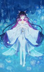  1girl bare_shoulders barefoot black_hair blue_flower closed_eyes closed_mouth columbina_(genshin_impact) commentary_request dress eye_mask field flower flower_field genshin_impact hair_ornament highres hiroyi_(mei) holding holding_flower long_hair long_sidelocks mask multicolored_hair purple_hair sidelocks solo very_long_hair white_dress wing_hair_ornament yellow_flower 