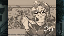  1girl 2000s_(style) anime_coloring apron asymmetrical_bangs atelier-moo braid breasts cheryl_christia game_cg glasses hairband hand_up holding holding_quill long_hair long_sleeves looking_at_viewer low_twin_braids medium_breasts non-web_source official_art open_mouth painting_(object) quill ribbon sepia shirt smile solo twin_braids upper_body yuukyuu_gensoukyoku 