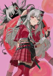  2girls absurdres balloon belt black_belt bow candy choker commentary cowboy_shot crop_top demon_horns dual_persona english_commentary fingerless_gloves fishnet_pantyhose fishnets food from_below gloves grey_eyes grey_hair hair_bow hair_ornament hairclip half-skirt heterochromia highres horns ishigami_nozomi ishigami_nozomi_(1st_costume) lollipop long_hair miniskirt multiple_girls necktie nijisanji off-shoulder_shirt off_shoulder pantyhose pink_background plaid_clothes plaid_skirt red_eyes red_skirt rippoutai_fuusen shirt skirt sweatdrop virtual_youtuber 