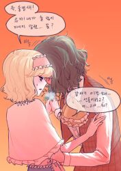  2girls alice_margatroid ascot blonde_hair blue_dress blue_eyes blush capelet commentary_request dress flower frills full-face_blush gradient_background hairband hand_blush holding_hands kazami_yuuka korean_commentary korean_text long_sleeves lovelobten multiple_girls orange_background plaid_clothes plaid_vest short_hair touhou translation_request vest white_capelet yellow_ascot yuri 