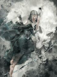  armor arrow_(projectile) barefoot bow_(weapon) chainmail closed_eyes closed_mouth commentary elden_ring eyelashes helmet highres latenna_the_albinauric lobo_(elden_ring) lying on_side quiver reinrice weapon white_fur wolf 