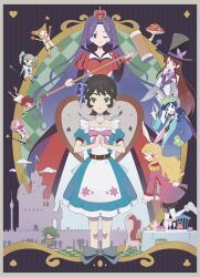  1boy 6+girls absurdres aikatsu! aikatsu!_(series) alice's_adventures_in_wonderland alice_(alice_in_wonderland) alice_(alice_in_wonderland)_(cosplay) animal_ears arisugawa_otome black_hair black_hat blonde_hair blue_bow blue_dress blue_hair blue_jacket border bow brown_hair commentary_request cosplay dress hair_bow hat highres holding holding_mallet hoshimiya_ichigo ichinose_kaede jacket jewelry johnny_depp juliet_sleeves kamiya_shion kanzaki_mizuki kiriya_aoi kitaoji_sakura koke_(koke7) long_hair long_sleeves looking_at_viewer mad_hatter_(alice_in_wonderland) mad_hatter_(alice_in_wonderland)_(cosplay) mallet march_hare_(alice_in_wonderland) march_hare_(alice_in_wonderland)_(cosplay) multiple_girls mushroom necklace one_eye_closed own_hands_together pink_jacket pink_ribbon puffy_sleeves purple_hair queen_of_hearts_(alice_in_wonderland) queen_of_hearts_(alice_in_wonderland)_(cosplay) rabbit_ears red_dress ribbon shibuki_ran short_hair table todo_yurika top_hat white_rabbit_(alice_in_wonderland) white_rabbit_(alice_in_wonderland)_(cosplay) 