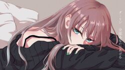  1girl ayatsumugi_roka bare_shoulders black_sweater blue_eyes brown_hair cho_kaguya-hime! closed_mouth commentary_request darling_(suda_keina) frown green_nails grey_background highres long_hair looking_at_viewer lyrics off_shoulder pillow reitai-san simple_background solo strap sweater translation_request twitter_username 