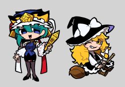  2girls aqua_hair black_hat black_shoes black_skirt black_vest blonde_hair blue_eyes blue_hat blue_jacket boots bow broom broom_riding brown_boots chibi chibi_only commentary frilled_sleeves frills grey_background hair_bow hat high_heels iganashi1 jacket kirisame_marisa long_hair looking_at_viewer multiple_girls one_eye_closed open_mouth pencil_skirt ribbon-trimmed_sleeves ribbon_trim rod_of_remorse shiki_eiki shirt shoes short_hair simple_background skirt smile touhou vest white_bow white_shirt witch_hat yellow_eyes 