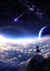  1girl absurdres aurora clouds cloudy_sky commentary_request grass highres holding holding_instrument holding_violin instrument kumeki_(kk4615) on_rock original outdoors planet rock scenery shooting_star signature sky space star_(sky) starry_sky sunlight tree violin 