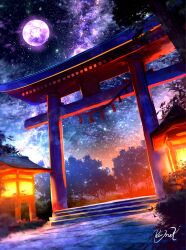  commentary_request full_moon highres kumeki_(kk4615) lantern moon night no_humans original outdoors purple_moon scenery signature sky sparkle star_(sky) starry_sky stone_floor torii tree 