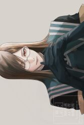  1boy akayakaname blue_gloves brown_hair closed_mouth commentary_request glasses gloves grey_background highres jade_curtiss long_hair looking_at_viewer male_focus military_uniform one_eye_closed own_hands_together red_eyes sideways solo straight-on tales_of_(series) tales_of_the_abyss upper_body 