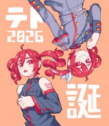  2girls buttons commentary_request detached_sleeves double-breasted drill_hair dual_persona grey_jacket grey_shirt hair_ribbon highres jacket kanbaru_mitsuki kasane_teto kasane_teto_(sv) kasane_teto_(utau) long_sleeves multiple_girls open_mouth red_eyes red_hair ribbon shirt sleeveless sleeveless_shirt smile synthesizer_v twin_drills upper_body upside-down utau 