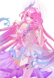  1bfo_fo 1girl bare_shoulders blue_flower blush breasts cowboy_shot cyrene_(honkai:_star_rail) detached_sleeves dress dress_flower flower frilled_sleeves frills hair_flower hair_ornament highres honkai:_star_rail honkai_(series) long_hair looking_to_the_side pink_flower pink_hair purple_dress short_sleeves simple_background smile solo standing thighs two-tone_dress violet_eyes white_background white_dress 