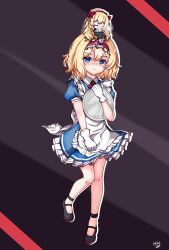  2girls :t alice_margatroid alternate_costume apron back_bow black_shoes blonde_hair blue_dress bow collared_dress commentary dress english_commentary enmaided frilled_hairband frills full_body gloves hairband hellkids2 highres looking_at_viewer maid multiple_girls pout puffy_short_sleeves puffy_sleeves red_hairband shanghai_doll shoes short_sleeves touhou waist_apron white_apron white_bow white_gloves 
