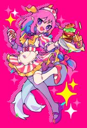  +_+ 1girl :d absurdres blue_hair blush bow bowtie braid burger character_request commentary_request commission copyright_request diagonal-striped_background double-parted_bangs dress fang food french_fries frilled_dress frilled_sleeves frills full_body hair_ornament hairclip hat highres holding holding_tray honoca6190 horns leg_up long_hair looking_at_viewer open_mouth parallel_hairclips pink_background pink_dress pink_hair pink_shoes shoes short_dress short_hair skeb_commission smile solo sparkle standing standing_on_one_leg striped_background striped_clothes striped_dress tail thigh-highs tray vertical-striped_clothes vertical-striped_dress violet_eyes waitress white_hat white_thighhighs wrist_cuffs yellow_bow yellow_bowtie yellow_horns 