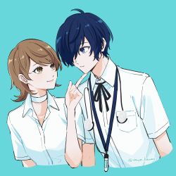  1boy 1girl aqua_background asymmetrical_bangs black_ribbon blue_eyes blue_hair breast_pocket brown_eyes brown_hair choker closed_mouth collared_shirt commentary_request cropped_torso dress_shirt earphones earphones_around_neck earphones_removed earrings hair_over_one_eye hand_on_another's_chin hand_up highres ikuya_kawaii index_finger_raised jewelry looking_at_another looking_to_the_side mp3_player neck_ribbon parted_bangs persona persona_3 pocket ribbon shirt short_hair short_sleeves simple_background smile stud_earrings summer_uniform takeba_yukari upper_body white_choker white_shirt wing_collar yuuki_makoto_(persona_3) 