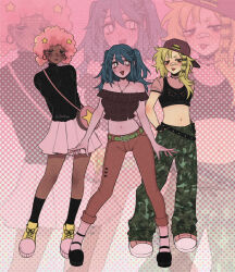  3girls afro asymmetrical_hair backwards_hat bag baggy_pants bags_under_eyes bandaid bandaid_on_face bandaid_on_nose bare_shoulders baseball_cap belt black_belt black_eyes black_hair black_shirt black_socks blonde_hair brown_shirt camouflage camouflage_pants closed_mouth collarbone colored_skin crop_top dark-skinned_female dark_skin earrings english_commentary full_body green_belt green_pants hair_ornament hat heart highres hoop_earrings j2citrus jay_(lacey_games) jewelry lacey_(lacey_games) lacey_games long_hair looking_at_viewer looking_to_the_side maisie_(lacey_games) midriff multicolored_hair multiple_girls navel open_mouth orange_pants pants pink_bag pink_hair pink_shoes pink_skin plaid_clothes plaid_shirt polka_dot polka_dot_background red_hat shirt shoes short_twintails smile socks star_(symbol) star_hair_ornament streaked_hair tomboy tongue tongue_out triangle_mouth twintails twitter_username white_eyes zoom_layer 