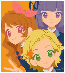  3girls aikatsu! aikatsu!_(series) blonde_hair blue_ribbon blunt_bangs border braid braided_bangs brown_hair closed_mouth commentary_request green_eyes hair_ornament hair_ribbon hikami_sumire koke_(koke7) long_hair long_sleeves looking_at_viewer multiple_girls orange_background ozora_akari pink_eyes purple_hair ribbon school_uniform shinjo_hinaki short_hair simple_background smile star_(symbol) star_hair_ornament starlight_academy_school_uniform upper_body v violet_eyes white_border 