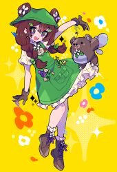 1girl :d absurdres animal_ears bear_ears bear_girl blush boots braid bright_pupils brown_boots brown_eyes brown_gloves brown_hair character_request commentary_request commission copyright_request crossed_bangs double-parted_bangs dress ears_through_headwear frilled_dress frills full_body gloves green_dress green_hat hair_between_eyes hat highres honoca6190 lace-up_boots long_hair looking_at_viewer open_mouth outstretched_arm pinafore_dress shirt short_sleeves skeb_commission sleeveless sleeveless_dress smile solo sparkle standing thick_eyebrows twin_braids white_pupils white_shirt yellow_background 