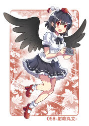  1girl bird_wings black_hair black_wings blush breasts camera character_name colonel_aki commentary_request frilled_skirt frills full_body geta hat holding holding_camera leaf looking_at_viewer maple_leaf medium_breasts open_mouth pom_pom_(clothes) red_eyes red_hat red_shoes ribbon-trimmed_skirt ribbon_trim shameimaru_aya shirt shoes short_hair short_sleeves skirt smile socks solo tengu-geta tokin_hat touhou translated white_shirt white_socks wings 