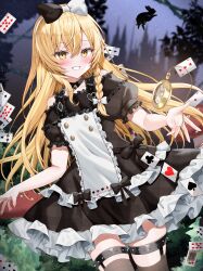  1girl ace_(playing_card) ace_of_clubs ace_of_diamonds ace_of_spades alice's_adventures_in_wonderland alice_(alice_in_wonderland) alice_(alice_in_wonderland)_(cosplay) black_bow black_dress black_thighhighs blonde_hair bow braid card club_(shape) commentary_request cosplay cowboy_shot diamond_(shape) double-parted_bangs dress eight_of_clubs five_of_spades forest grin hair_between_eyes hair_bow hairband highres jack_(playing_card) jack_of_diamonds kirisame_marisa long_hair looking_at_viewer nature night nine_of_diamonds outdoors playing_card pocket_watch puffy_short_sleeves puffy_sleeves rabbit short_sleeves side_braid single_braid smile solo spade_(shape) thigh-highs thigh_strap three_of_clubs three_of_hearts touhou two-tone_bow two_of_spades very_long_hair watch white_bow white_hairband yam_(yamap_mako) yellow_eyes 