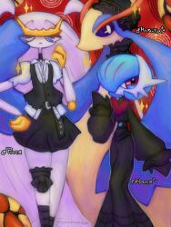  2boys :< alternate_color antennae arthropod_boy black_bonnet black_choker black_dress black_gloves black_skirt black_socks black_vest blouse blue_hair blue_pupils bonnet bright_pupils choker cockroach_boy colored_skin commentary crossdressing crossdressing_(mtf) dress english_commentary furry furry_male gardevoir gloves grandmaedger highres joints long_hair looking_at_viewer male_focus mega_stone milotic multicolored_skin multiple_boys one_eye_covered pheromosa pokemon pokemon_(creature) red_background shiny_pokemon shirt simple_background skirt socks standing thigh_strap two-tone_skin upper_body very_long_hair vest violet_eyes white_hair white_pupils white_shirt white_skin 