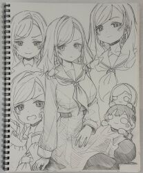  >:) 1girl :t blush breasts ceras_yanagida_lilienfeld character_doll closed_mouth commentary_request doll dress graphite_(medium) greyscale hair_ribbon hasu_no_sora_school_uniform hatching_(texture) highres honochikacchi katsuragi_izumi large_breasts linear_hatching link!_like!_love_live! long_hair long_sleeves looking_at_viewer love_live! medium_dress monochrome multiple_expressions multiple_views neckerchief nesoberi open_mouth pantyhose peanut_mouth pleated_dress pout ribbon sailor_collar sailor_dress school_uniform sitting smile split_mouth sweatdrop swept_bangs traditional_media v-shaped_eyebrows virtual_youtuber winter_uniform 