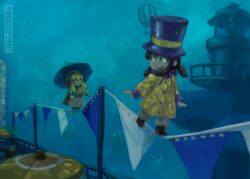  2girls a_hat_in_time aircraft ankle_boots belt blonde_hair blue_eyes blue_umbrella boots brown_boots brown_hair brown_pants cape child coat commentary dress english_commentary green_shoes hat hat_kid hat_ribbon highres holding holding_umbrella hood hood_up hooded_cape hot_air_balloon in-universe_location lighthouse long_hair long_sleeves looking_at_another looking_back medallion multicolored_coat multiple_girls mustache_girl open_mouth orange_umbrella outdoors pants ponytail purple_hat purple_raincoat rain raincoat red_belt red_cape red_dress red_pants ribbon shoes sidelocks signature slyziakello smile string_of_flags teeth top_hat two-tone_coat umbrella upper_teeth_only yellow_eyes yellow_raincoat yellow_ribbon 