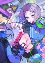  1girl artist_name black_hair black_shorts blue_boots blue_shirt boots bow bowtie breast_pocket cat collared_shirt colored_inner_hair fingernails green_bow green_bowtie grey_eyes grey_hair hair_ornament hairpin hedgehog highres holding kinoeda_tamase lace-up_boots looking_at_viewer multicolored_hair name_tag neko_reset_(zutomayo) nira-chan nira-chan_(clerk)_(neko_reset)_(zutomayo) parted_lips pocket shirt short_hair shorts signature solo_focus sweatdrop twitter_username uniguri_(zutomayo) wing_collar zutto_mayonaka_de_ii_no_ni 