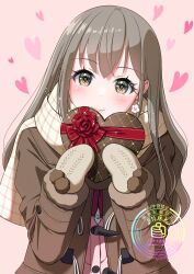  1girl absurdres box brown_coat brown_eyes brown_hair brown_mittens brown_scarf cardigan closed_mouth coat commentary_request duffel_coat fur-trimmed_sleeves fur_trim gift gift_box gingham_scarf gradient_background head_tilt heart heart-shaped_box highres holding holding_box holding_gift long_hair long_sleeves looking_at_viewer mittens open_clothes open_coat original pancake_(pocket_domori) pink_background pink_cardigan pom_pom_(clothes) scarf school_uniform smile solo spoken_heart upper_body valentine winter_clothes 