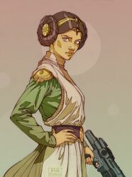  1girl armor artist_name braid braided_hair_rings breasts brown_eyes brown_hair closed_mouth commentary crown double_bun dress ena_bianca english_commentary finger_on_trigger gradient_background green_shirt grey_background gun hair_bun hair_rings hand_on_own_hip holding holding_gun holding_weapon long_hair looking_at_viewer medium_breasts parted_bangs princess_leia shirt shirt_under_dress shoulder_armor sketch solo star_wars updo upper_body weapon white_dress 
