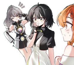  3girls ;q black_gloves black_hair black_jacket breasts canon_event chromatic_aberration closed_mouth commentary crossover detached_sleeves dress female_rover_(perpetual_spark)_(wuthering_waves) female_rover_(wuthering_waves) fingerless_gloves gloves grey_hair hand_on_own_hip hand_up jacket kuro_games medium_breasts multiple_girls nanami:_startrail_(pgr) nanami_(pgr) notice_lines one_eye_closed orange_hair ot11_to ponytail punishing:_gray_raven rover_(wuthering_waves) sigrika_(wuthering_waves) smile star-shaped_pupils star_(symbol) sweatdrop symbol-shaped_pupils tanaka_minami_(voice_actor) tongue tongue_out v voice_actor_connection white_dress wuthering_waves yellow_eyes 