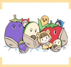  3girls avocado_(love_live!) blue_coat blue_hair brown_cardigan brown_hair cardigan character_doll closed_mouth coat commentary_request conno-san_(love_live!) doll dollchestra grey_hair highres hood hood_up hooded_coat kachimachi_kosuzu kanduki_kamibukuro link!_like!_love_live! love_live! multiple_girls murano_sayaka nasu-san_(love_live!) pink_eyes red_coat simple_background smile stuffed_avocado stuffed_corn stuffed_eggplant stuffed_tomato tomati_(love_live!) virtual_youtuber white_background yellow_coat yugiri_tsuzuri 