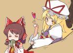  &lt;3 =_= annoyed bad_id blonde_hair blush brown_hair cup drinking gap hair_ribbon hair_ribbons hakurei_reimu hat heart index_finger_raised long_hair multiple_girls orange_eyes ribbon ribbons smarttiger touhou yakumo_yukari 