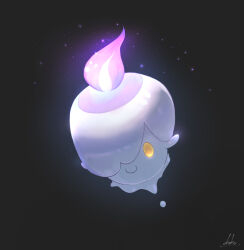  black_background closed_mouth commentary_request fire full_body highres litwick no_humans ohako_(ohako1818) one_eye_covered pokemon pokemon_(creature) pokemon_focus purple_fire signature smile solo 