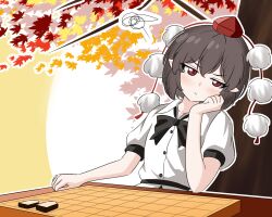  1girl angry autumn_leaves black_bow black_bowtie black_hair blouse blush board_game bow bowtie collared_shirt commentary glaring hand_on_own_face hat head_tilt leaf mfng235717 outline pointy_ears pom_pom_(clothes) puffy_short_sleeves puffy_sleeves red_eyes red_hat shameimaru_aya shirt shogi short_hair short_sleeves solo squiggle tokin_hat touhou white_outline white_shirt wing_collar 
