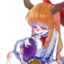 1girl blush bow chain commentary_request gourd horns ibuki_suika korean_commentary long_hair lovelobten on_ground oni open_mouth orange_eyes orange_hair red_bow ribbon shirt skirt sleeveless smile solo touhou white_background 