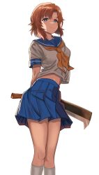 1girl arms_behind_back blue_eyes blue_skirt brown_hair highres higurashi_no_naku_koro_ni holding holding_weapon looking_at_viewer midriff_peek nata_(tool) neckerchief ryuuguu_rena school_uniform serafuku shirt short_sleeves simple_background skirt socks solo weapon white_background white_shirt white_socks yellow_neckerchief zaofeng 