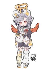  1other ahoge animal_ears artist_logo asymmetrical_legwear bandaid bandaid_on_leg bear_ears black_collar blush_stickers collar commentary detached_wings farine_(vtuber) flower footwear_flower full_body fur-trimmed_legwear fur_trim grey_hair hair_flower hair_ornament hairpin halo heart heart_in_eye highres indie_virtual_youtuber juliet_sleeves leg_warmers logo long_sleeves melting_halo multiple_hairpins name_tag open_mouth puffy_sleeves red_eyes red_wings sharp_teeth short_eyebrows short_hair side_part simple_background socks solo spiked_collar spikes standing striped_clothes striped_socks symbol_in_eye teeth untranslatable_commentary virtual_youtuber white_background white_leg_warmers wings yagidon yellow_halo yellow_leg_warmers 
