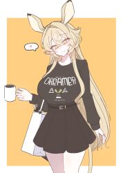  1girl absurdres animal_ears arknights bag black_shirt black_skirt blonde_hair border breasts bright_pupils closed_mouth clothes_writing coffee coffee_mug commentary cowboy_shot crossed_bangs cup dorothy_(arknights) drink hair_between_eyes hair_intakes heart highres hmrsh holding holding_drink large_breasts long_hair long_sleeves looking_at_viewer mug outside_border pleated_skirt shirt simple_background skirt smile solo split_mouth spoken_heart standing t-shirt white_border white_pupils yellow_background yellow_eyes 
